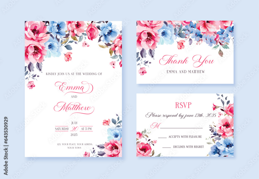 Wedding vector floral invitation, invite invitation thank you, rsvp card watercolor design set: garden flower pink blue lilac peach Rose