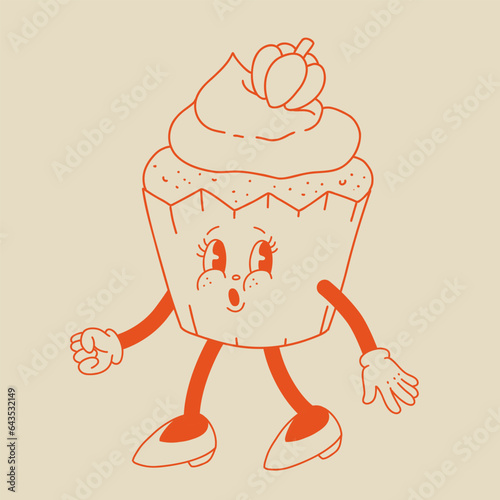 Funny Retro cartoon Pumpkin Character in groovy 50s, 60s, 70s Vintage Style. Happy Autumn mascot with pumpkin spice latte, pumpkin pie, pudding, cake, cupcake, waffles, donut and coffee.