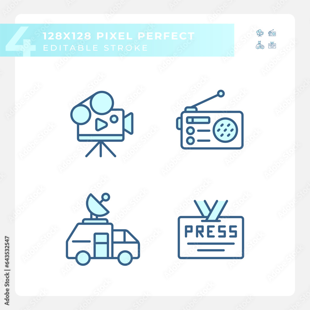 Pixel perfect blue icons set representing journalism, editable thin line illustration. Pixel perfect blue icons set representing journalism, editable thin line illustration.
