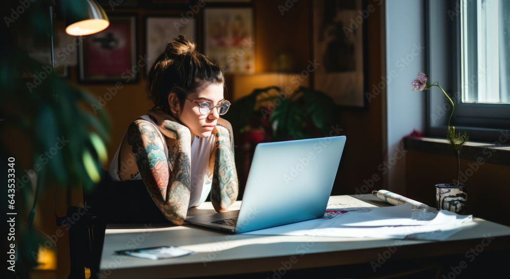 Bible Study. Tattooed student working on laptop at desk in office Bible Study. Tattooed student working on laptop at desk in office