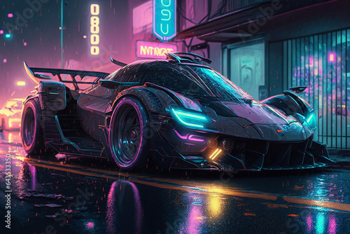 Supersport car at cyberpunk city with neon lights generative ai photo
