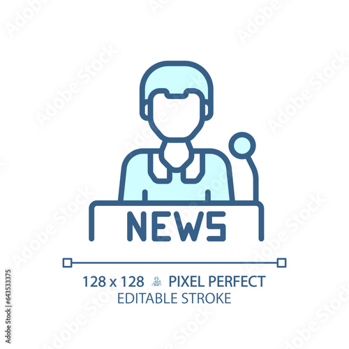 2D pixel perfect editable newscaster blue icon, isolated vector, thin line illustration representing journalism.