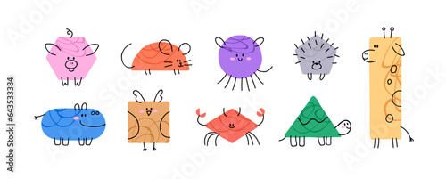 Cute geometric animals set. Funny shaped characters with happy smiling faces....