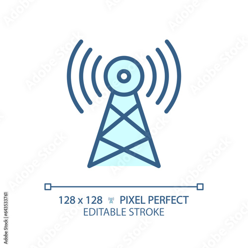 2D pixel perfect editable blue satellite tower icon, isolated vector, thin line illustration representing journalism.