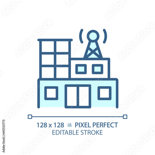 2D pixel perfect editable blue radio station building icon, isolated vector, thin line illustration representing journalism.