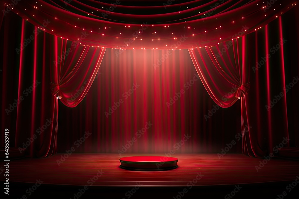 Dramatic prelude. Red curtain and spotlight. Stage of elegance. Classic theater setting. Art of performance. Velvet curtains and drama