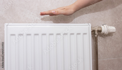 Wall radiator in the room. Increasing the price of water heating. Comfortable temperature in the house, industry. Dry air. Copy space for text, energy crisis