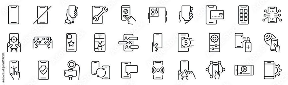 Set of 30 outline icons related to smartphone, phone. Linear icon collection. Editable stroke. Vector illustration