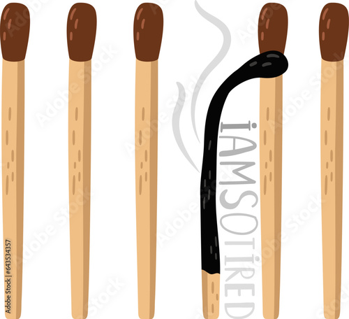 Burnt and extinguished match among whole matches. Burnout and fatigue concept