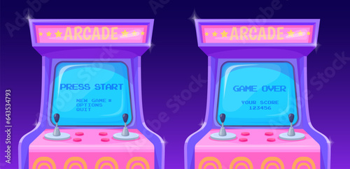 Arcade machines screens. Retro computer monitor with start player video game screen, old gaming machine 90s 80s interface console 3d gamer pixel sign text, neat vector illustration