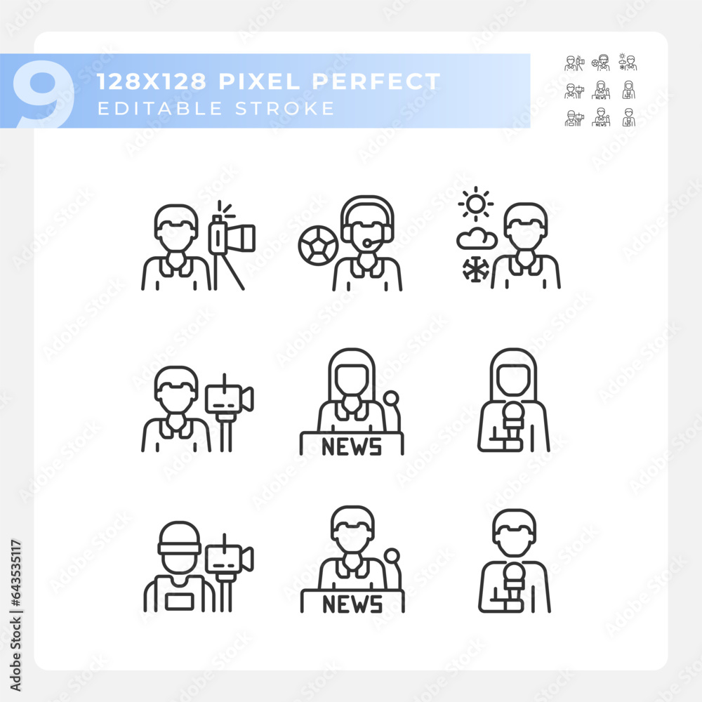 Pixel perfect icons set representing journalism, editable black thin line illustration. Pixel perfect icons set representing journalism, editable black thin line illustration.