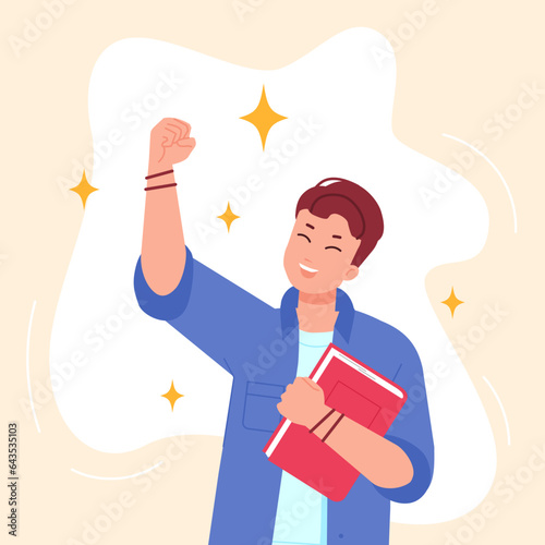 Study accomplishment. Happy student with book enjoying accomplished examination or mba test in university school college, work achievement get success result vector illustration
