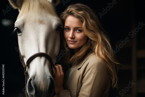 Woman is standing next to white horse with brown bridle.