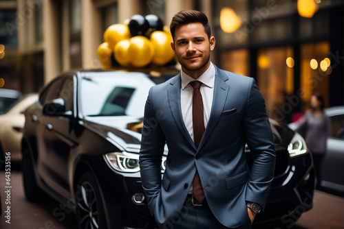 Man in suit standing next to car in front of building. © valentyn640