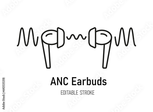 ANC earbuds. In-ear wireless headphones with active noise cancellation. Hearing protection. Vector line icon. Editable stroke. Anti-noise ear buds. Bluetooth earphones. Isolated object © Milta