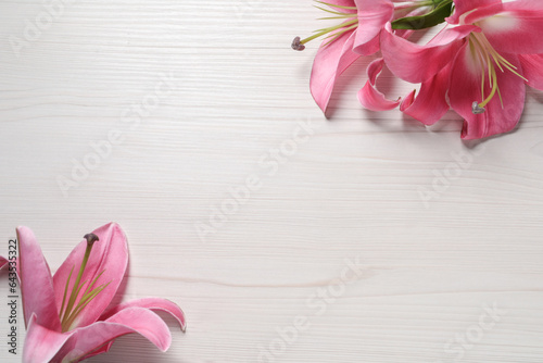 Fototapeta Naklejka Na Ścianę i Meble -  Beautiful pink lily flowers on white wooden table, flat lay. Space for text