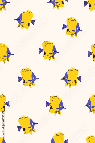 Cute fish, seamless pattern. Exotic tropical sea animal, endless background. ...