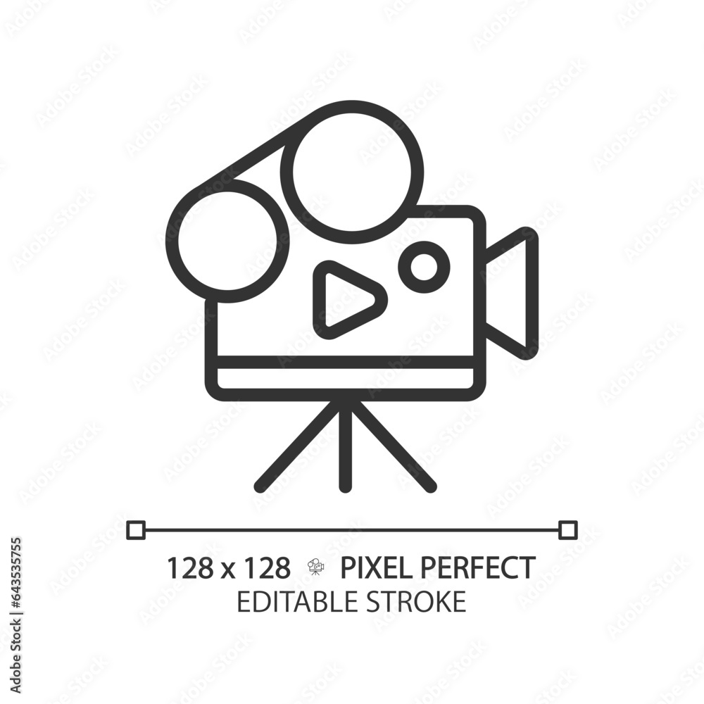 2D pixel perfect editable black video camera icon, isolated vector, thin line illustration representing journalism. 2D pixel perfect editable black video camera icon, isolated vector, thin line illustration representing journalism.