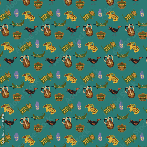 Indigenous african pattern with tribal had draw elements on green background, used for background, wallpater, fabric pattern, printing. Vector IIustration.