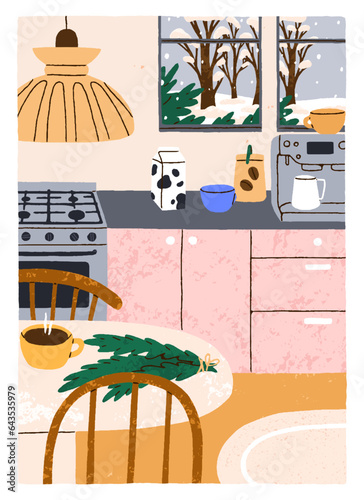 Cozy kitchen interior, sweet home card. Cosy dining table with cup, coffee ma...