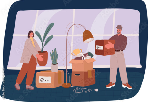 Vector illustration of Young couple moving in new home.Couple is having fun with cardboard boxes in new house at moving day.