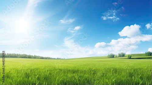 Beautiful summer landscape with green meadow and blue sky with clouds