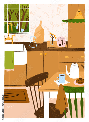 Cozy home kitchen interior card. Cosy comfortable furniture in dining room with tea mug on table, chairs, sink, summer in window. Hygge Scandinavian house, apartment design. Flat vector illustration