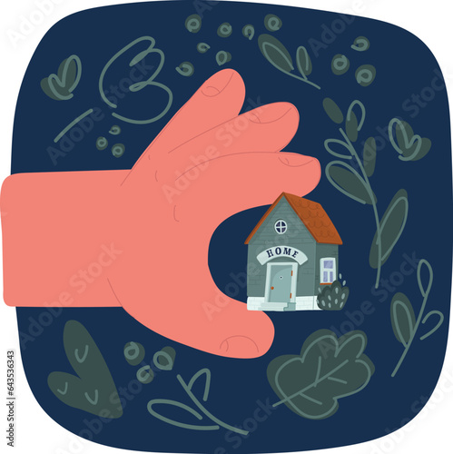 Vector illustration of Girl hand holding wooden miniature toy house