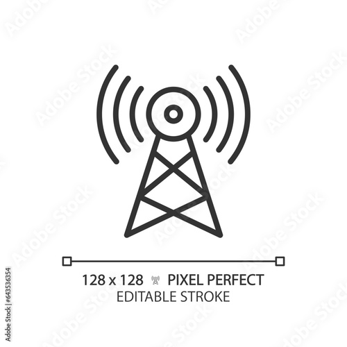 2D pixel perfect editable black satellite tower icon, isolated vector, thin line illustration representing journalism.