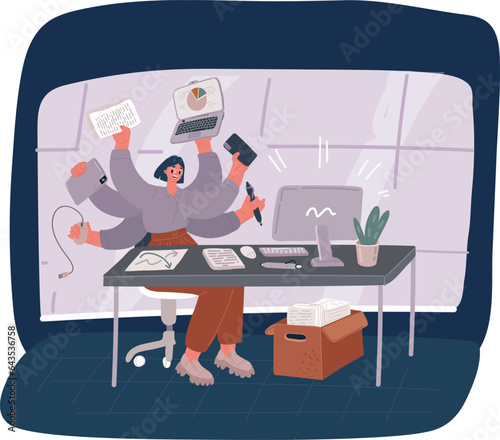Vector illustration of Business woman with many arms sitting at her laptop in office doing many tasks at the same time. Multitasking skills, effective time management and productivity concept