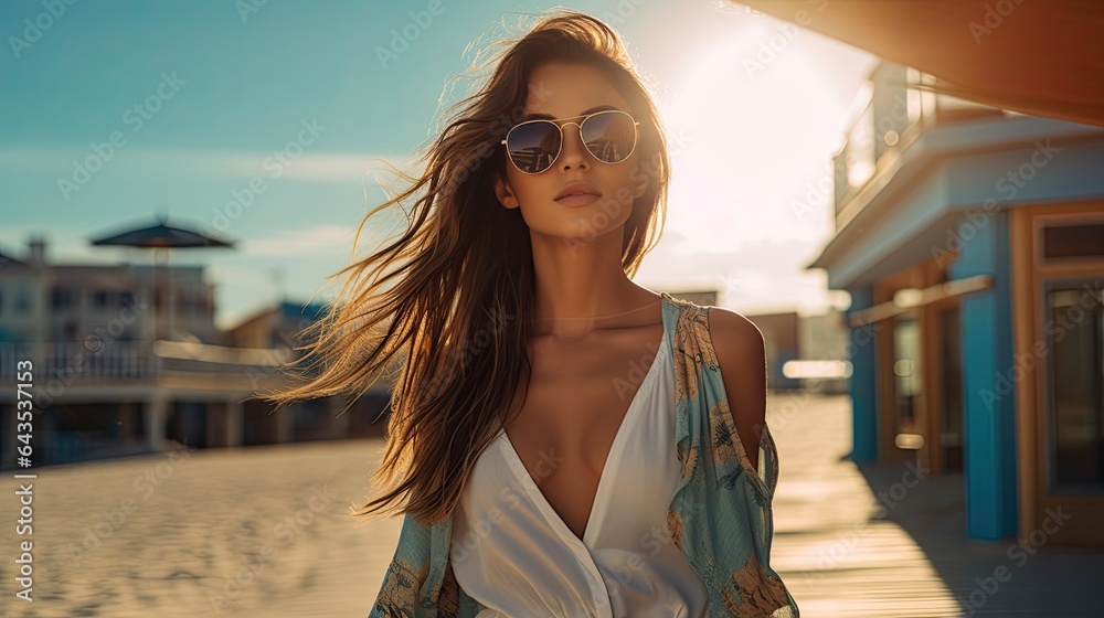 Model showcasing a summer outfit with sunglasses, set on a sunny beach boardwalk