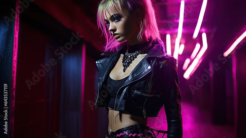 Model in edgy punk fashion  set in an underground club