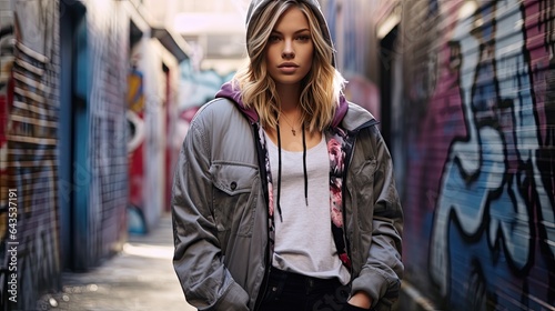 Model wearing street style fashion, standing against a graffiti wall in an alley