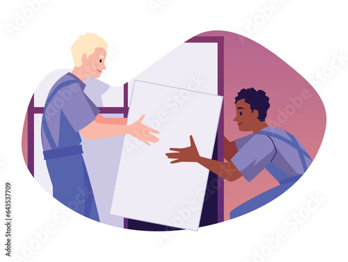 Craftsmen workers assembly furniture or install cabinets, flat vector isolated.