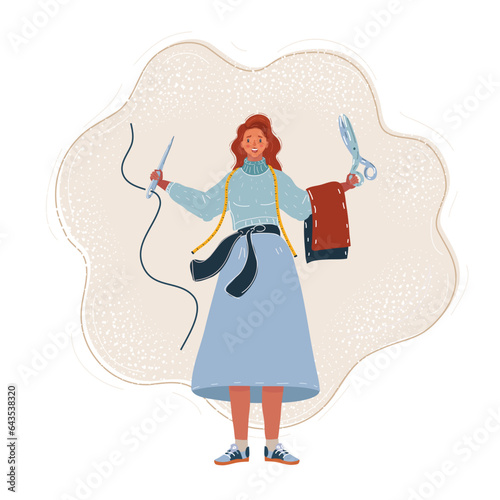 Vector illustration of young fashion designer dressmaker woman using needle for sewing