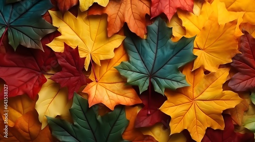bright background with autumn maple leaves in green, orange and yellow colors, AI generated