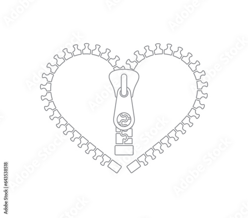 Vector black line heart formed by an unzipped zipper. Isolated on white background.