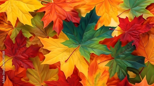 bright background with autumn maple leaves in green  orange and yellow colors  AI generated