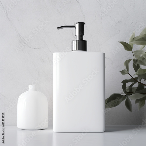 Soap bottle in blank white color, on the bath room