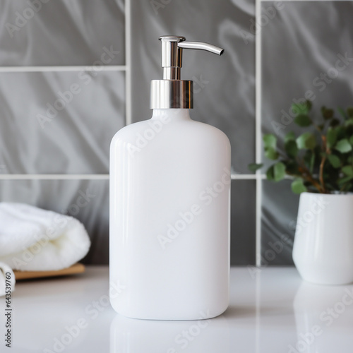 Soap bottle in blank white color, on the bath room