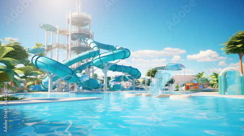 Summer aqua park pool with thrilling slides, inviting splashy fun in the sun photo
