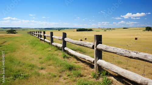 Rustic wooden fence demarcating boundaries between two rural farms in the countryside photo
