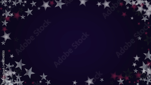 Vector Magical Glowing Background with Silver and Purple Falling Stars on Black. Christmass and New Year Poster. Glittery Confetti Frame. Sparkle Star Night Banner Design.