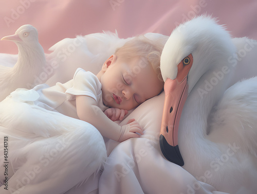 A cute beautiful baby sleeps in bed with a stork