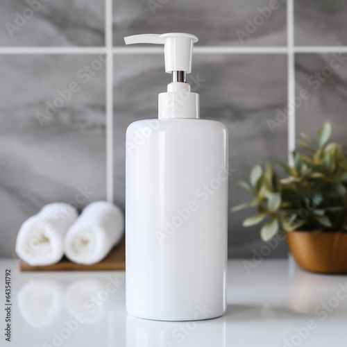 Soap bottle in blank white color, on the bath room