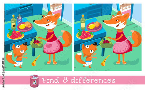 Find 8 hidden differences. Educational game for children. Puzzle game in cartoon style. Friendly family of foxes in the kitchen. Funny cartoon characters. Vector illustration.