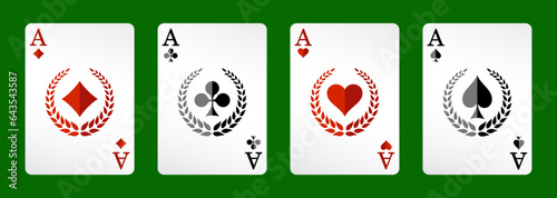 Four aces playing card suits set. Poker, gambling concept. Web design, template for casino. Vector illustration.