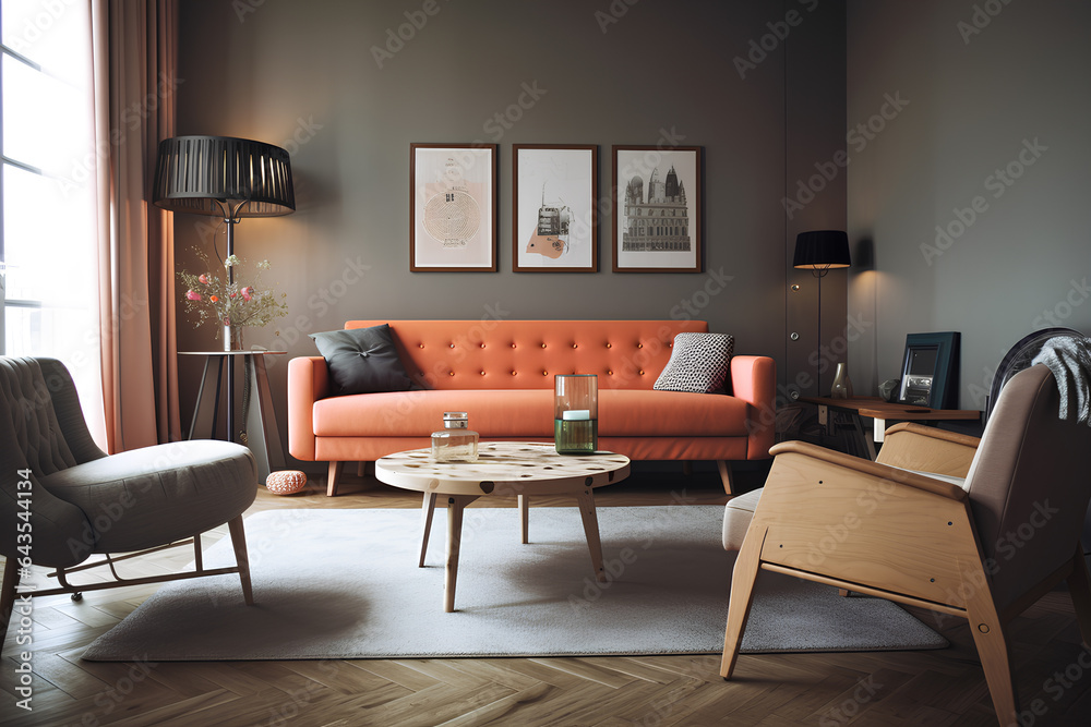 Retro style interior of living room in a house. Retro style interior of living room in a house.
