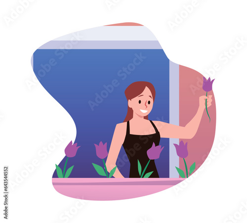 Smiling young woman caring for purple flowers on windowsill flat style