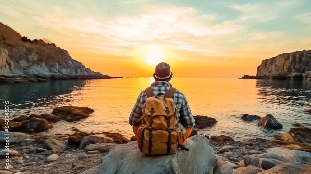 Wanderlust travel, tourist with backpack sitting near the sea, man enjoying sunset, solo traveler backpacker.